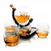 Whiskey Decanter Globe with 4 glasses & wooden base
